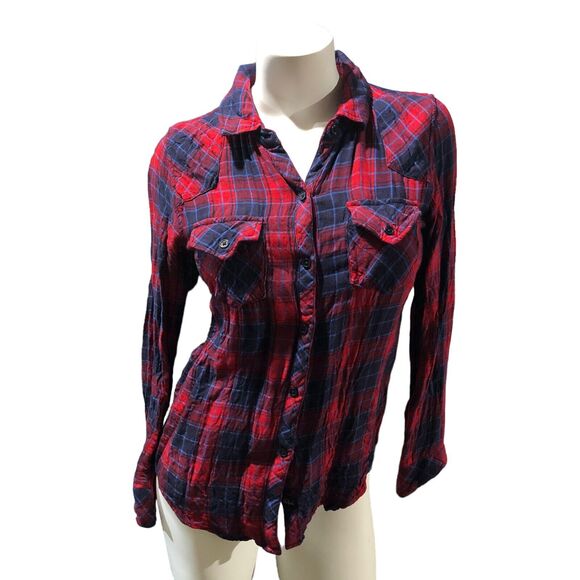 Rails Kendra Red Navy Blue Plaid Button Up Shirt Gauze Rayon Womens Small - Picture 2 of 8